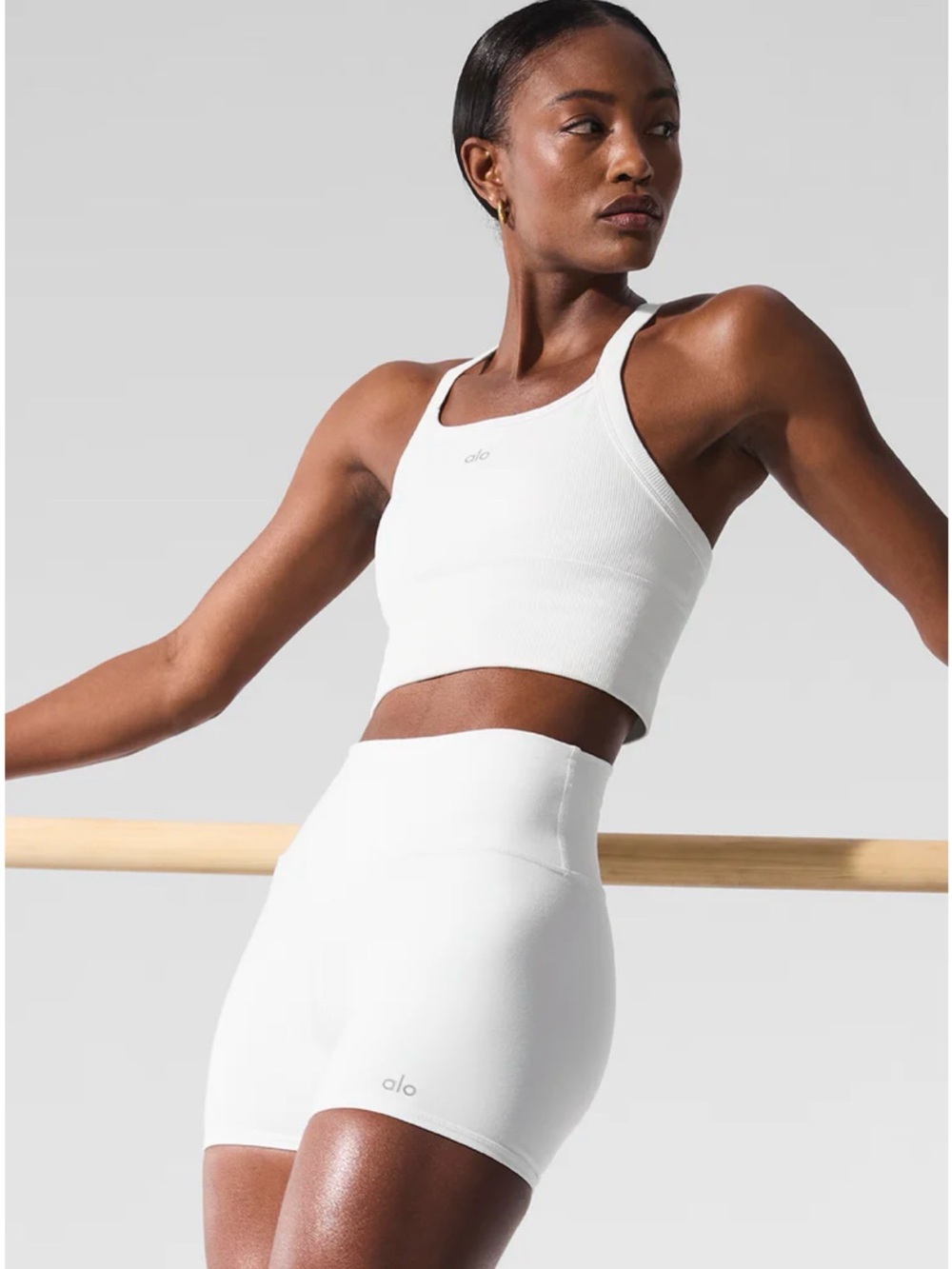 ALO Yoga White Ribbed Supportive Cropped Sports Bra